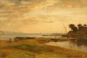 Albert Hertel, Coastline at low tide in the evening light. Resting in the foreground dry sailing boats